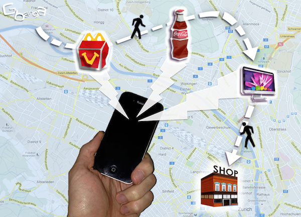 Image showing brands and products in mobile apps. Location-based features increase the marketing and advertising effect.