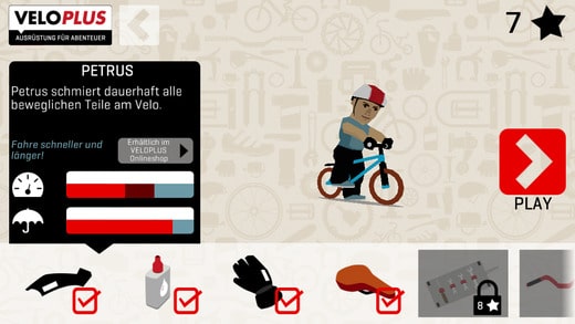 Veloplus game: equipment screen with product placements