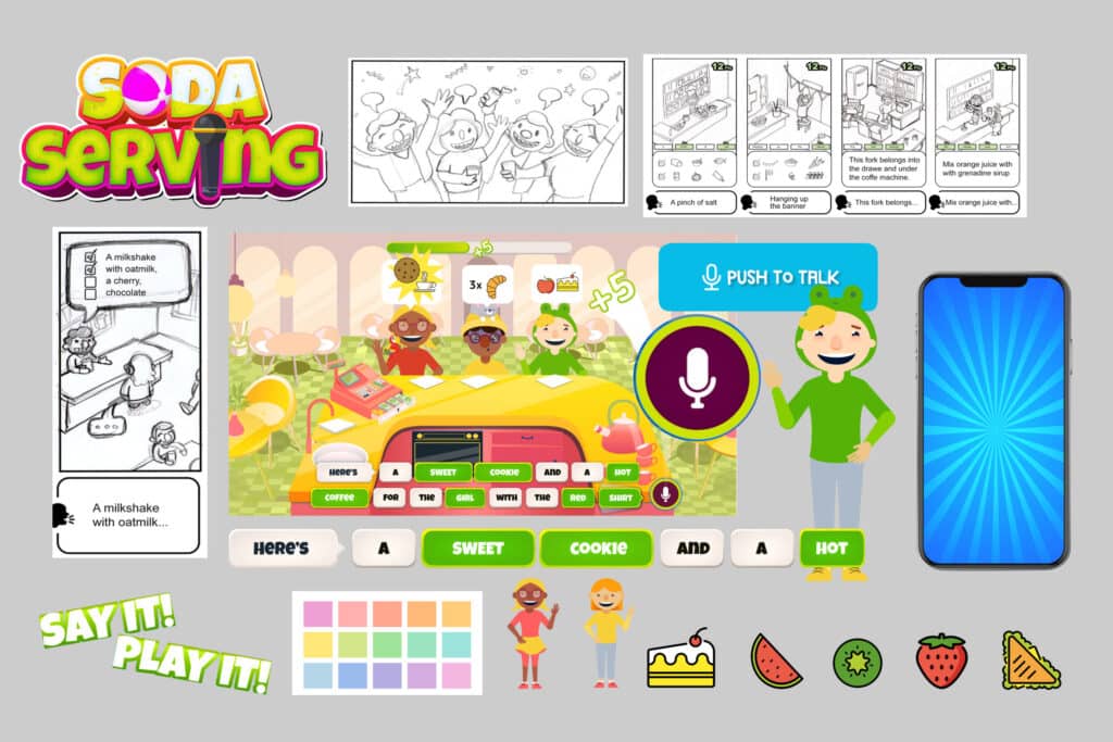Mood board showing characters, color palettes and early sketches of the design phase for edutainment game «Soda Serving»