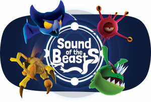 Four beasts and the logo of «Sound of the Beasts», a locative audio experience where you listen for sounds of invisible beast with your headphones while holding the magical app with a beast locator in your hand.