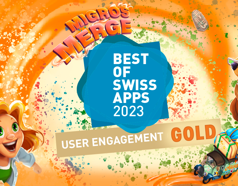 Mia and Murray, the two characters of the game Migros Merge are celebrating the Gold award which is placed in the center. A game by gamification specialist Gbanga. Mia und Murray, die beiden Figuren des Spiels Migros Merge, freuen sich über den Gold-Award, der in der Mitte platziert ist. Ein Spiel des Gamification-Spezialisten Gbanga.